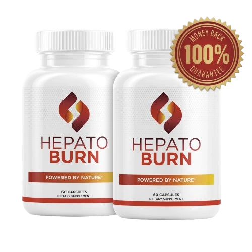 HepatoBurn liver detox and fat-burning supplement bottles — 100% money-back guarantee
